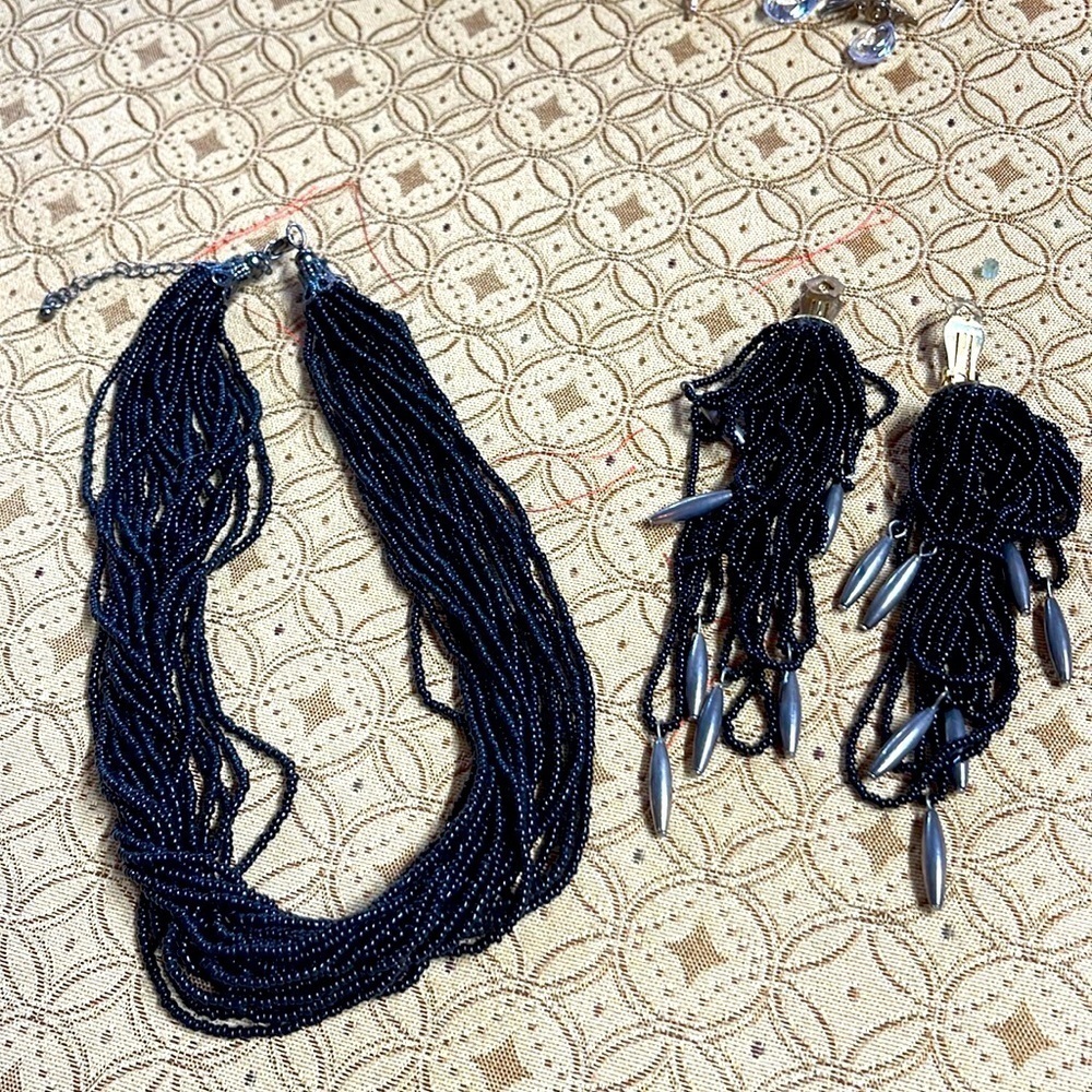 Black Multi Strands Beaded Necklace & Bohemian Clip On Earrings. P/A